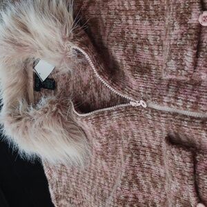 Que Luxe Pink Zip-Front Cardigan with Fur Trim